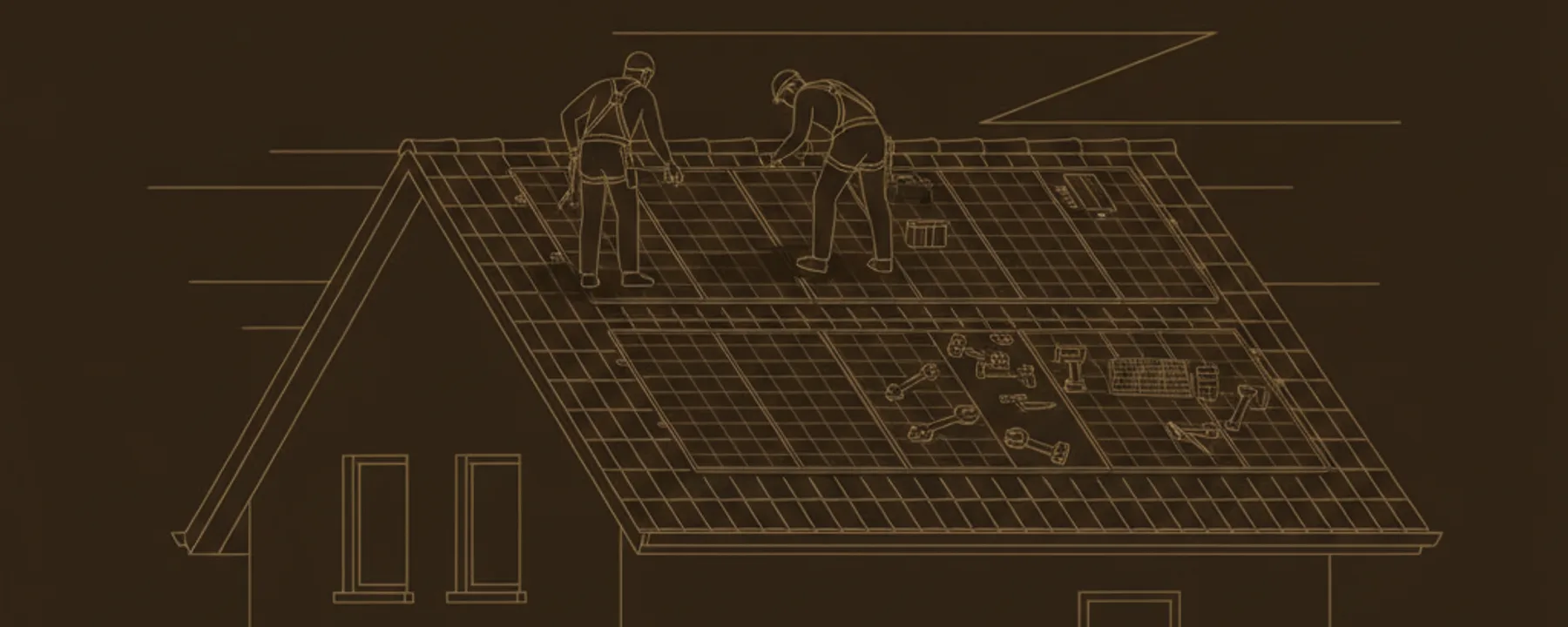 Montageteam bei der Installation von Solarmodulen auf einem Steildach, aus der Distanz gesehen