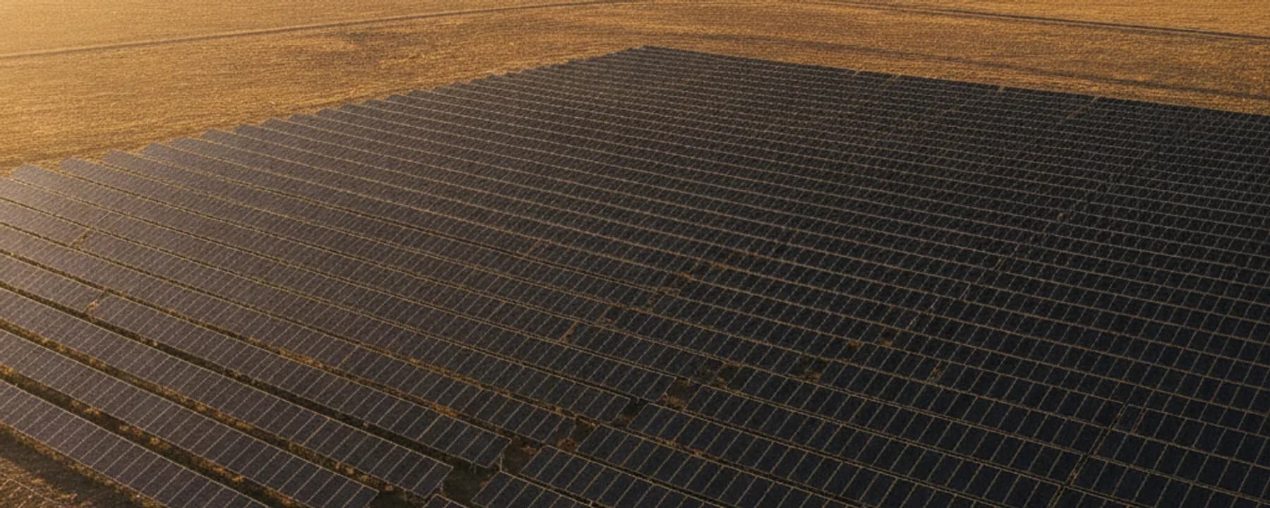 Weite Luftaufnahme eines Solarparks mit Modulreihen bei goldener Stunde