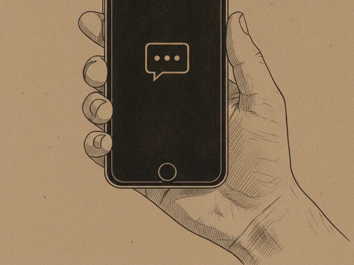 Hand hält ein Smartphone mit einem Chat-Symbol im Freien