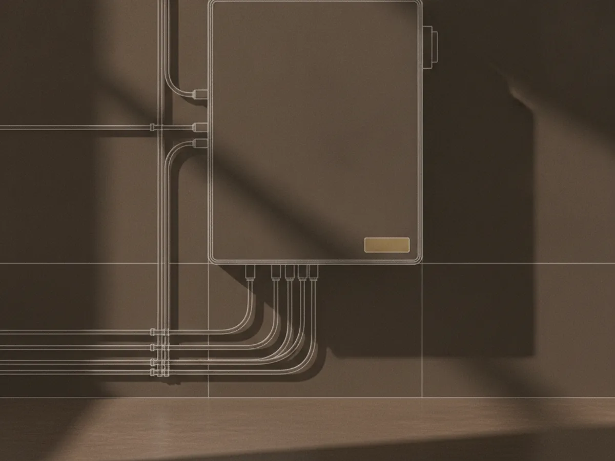 Batteriespeicher an der Wand eines Hausanschlussraums, Nahaufnahme