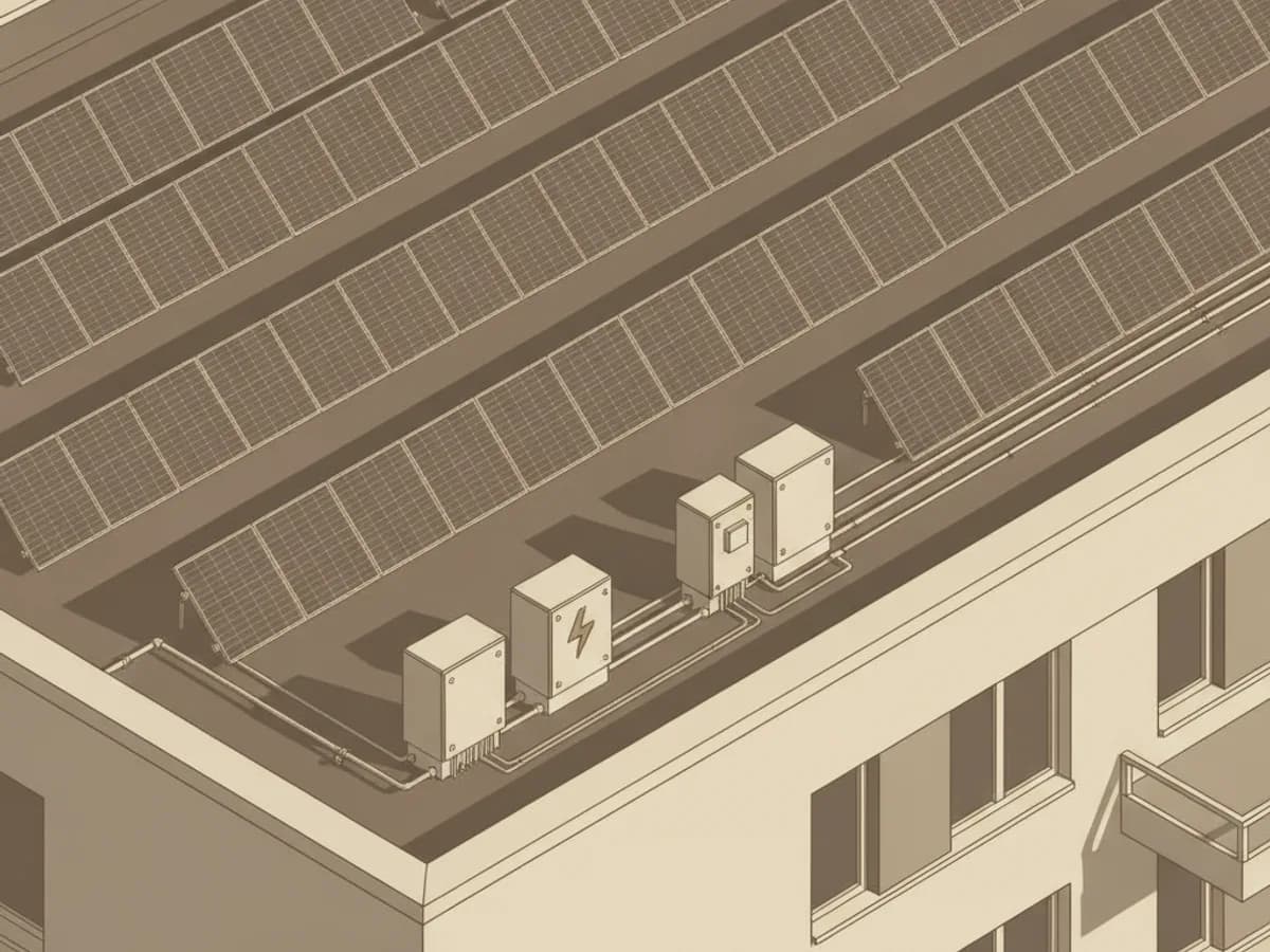 Flachdach eines Mehrfamilienhauses mit Solarmodulen und mehreren Zählerkästen