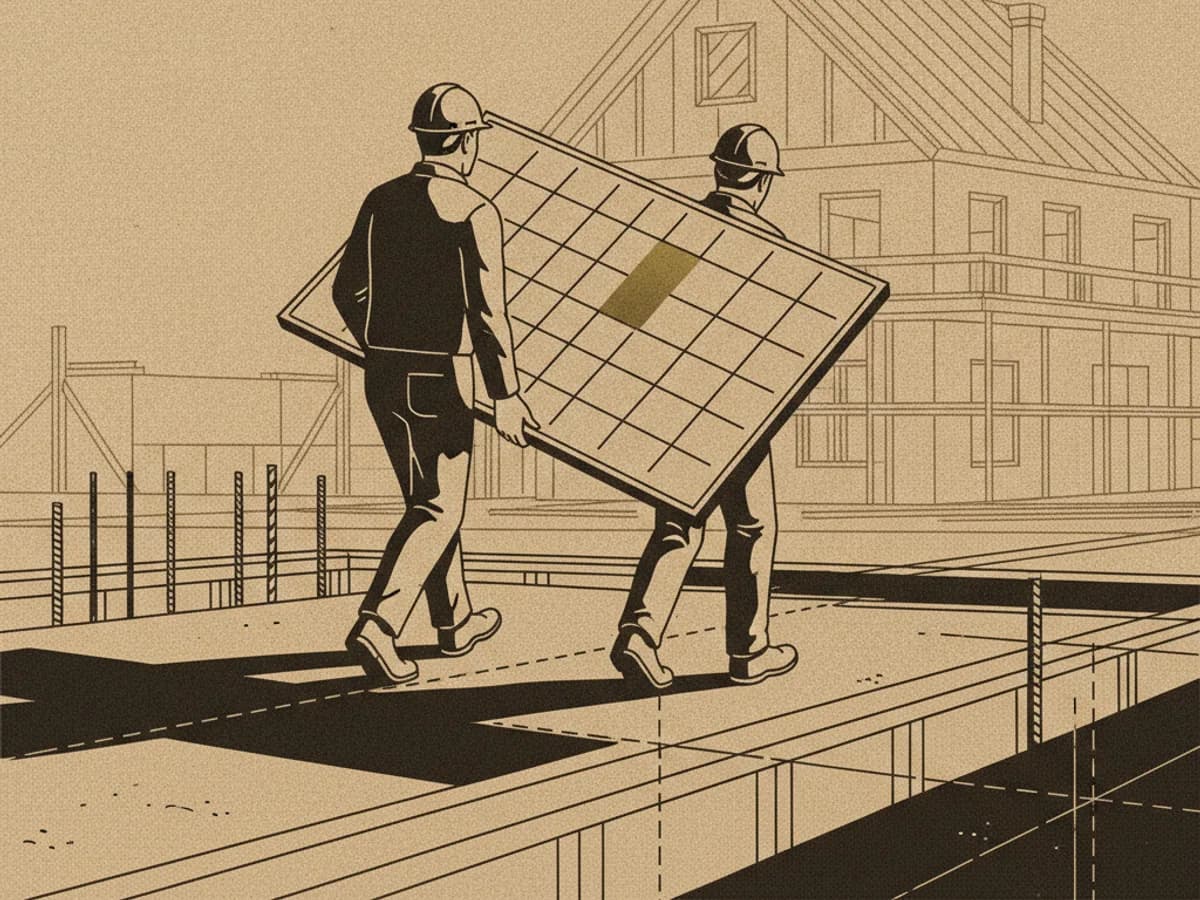 Zwei Handwerker tragen ein Solarmodul über eine Baustelle zum Haus