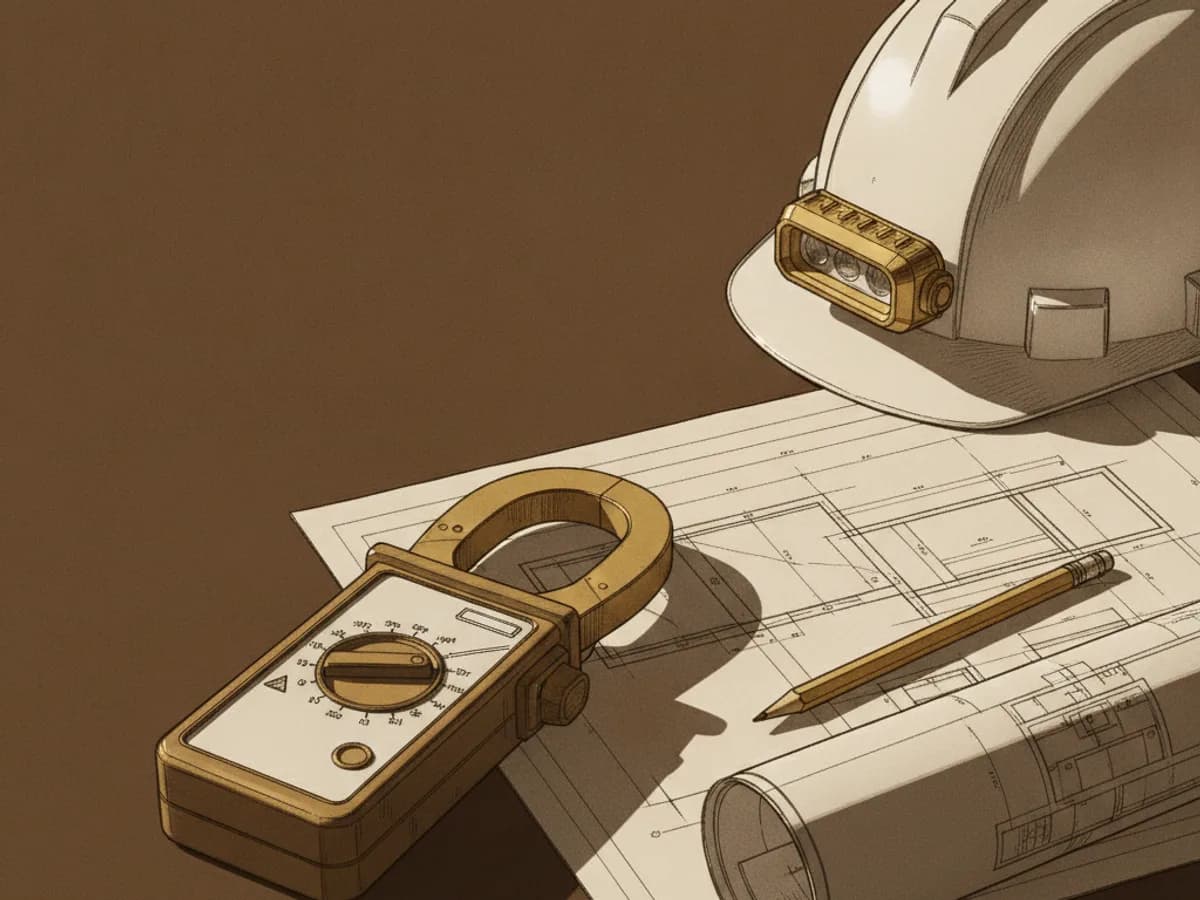 Schreibtisch eines Elektroingenieurs mit Messgerät, Dachplänen und Schutzhelm