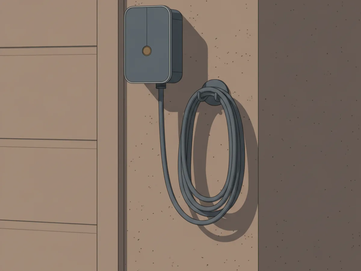 Wallbox-Ladestation an einer Hauswand neben der Garage