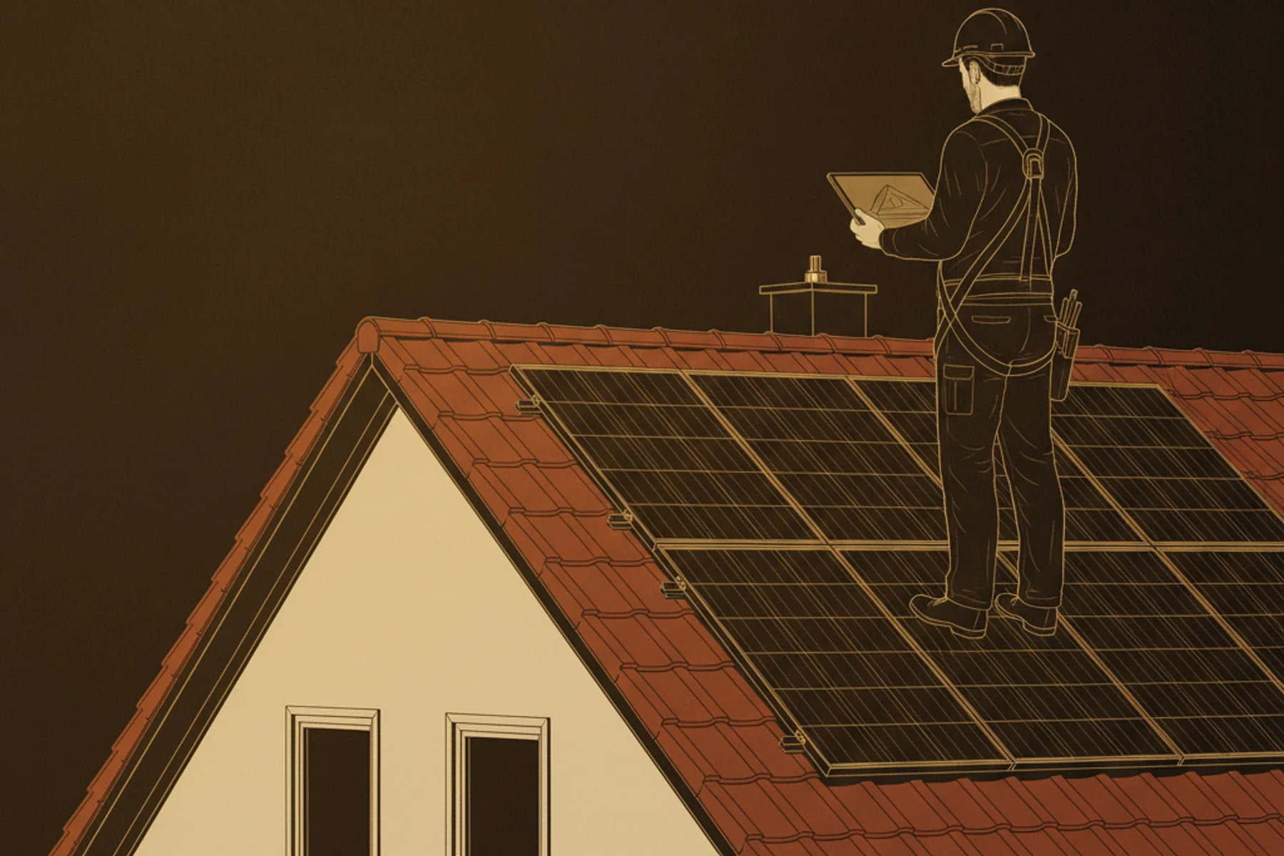 Ingenieur bei der Dachbegehung mit Tablet zwischen frisch montierten Solarmodulen im Abendlicht, von hinten gesehen
